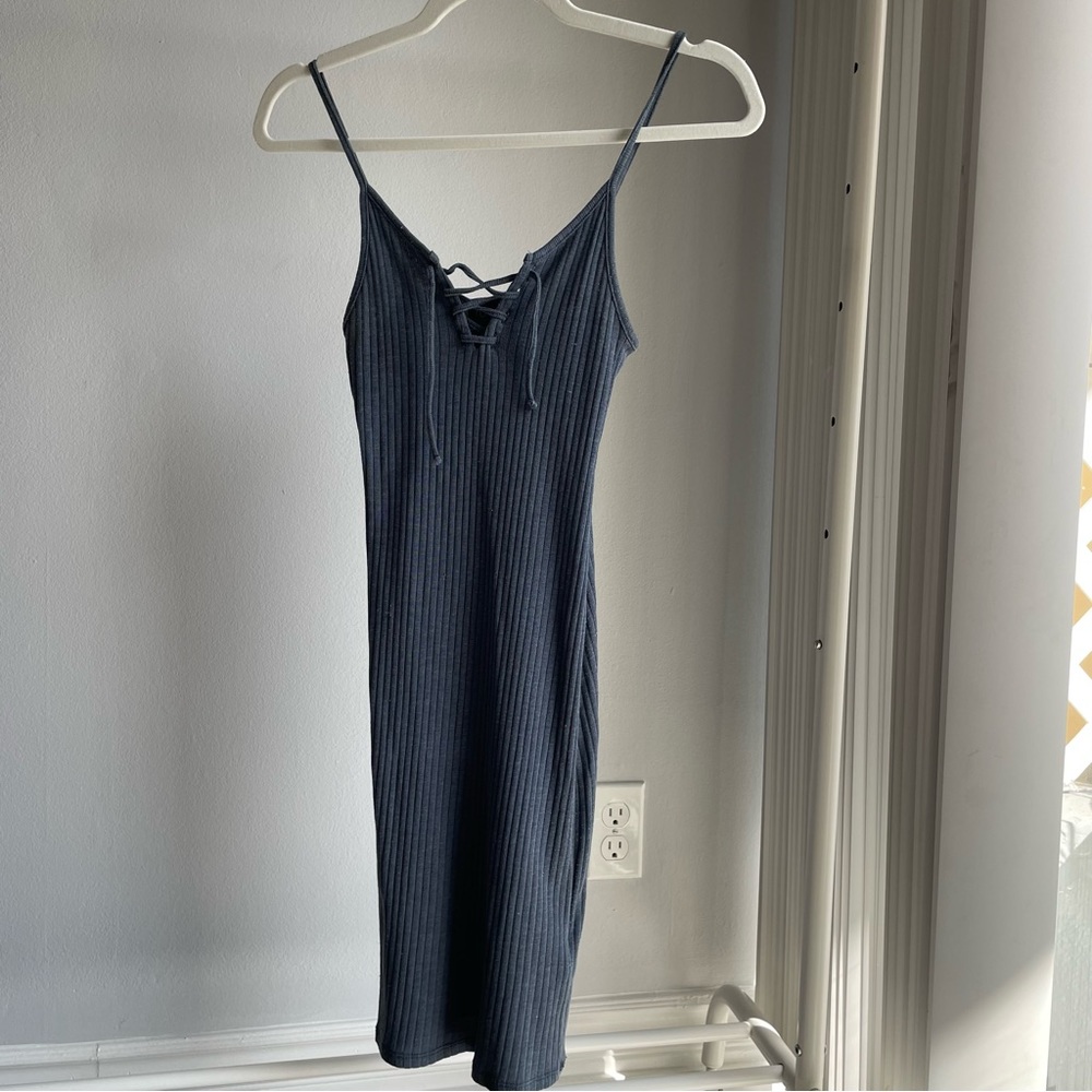 Topshop Navy Lace Up Rib Knit Mini Dress